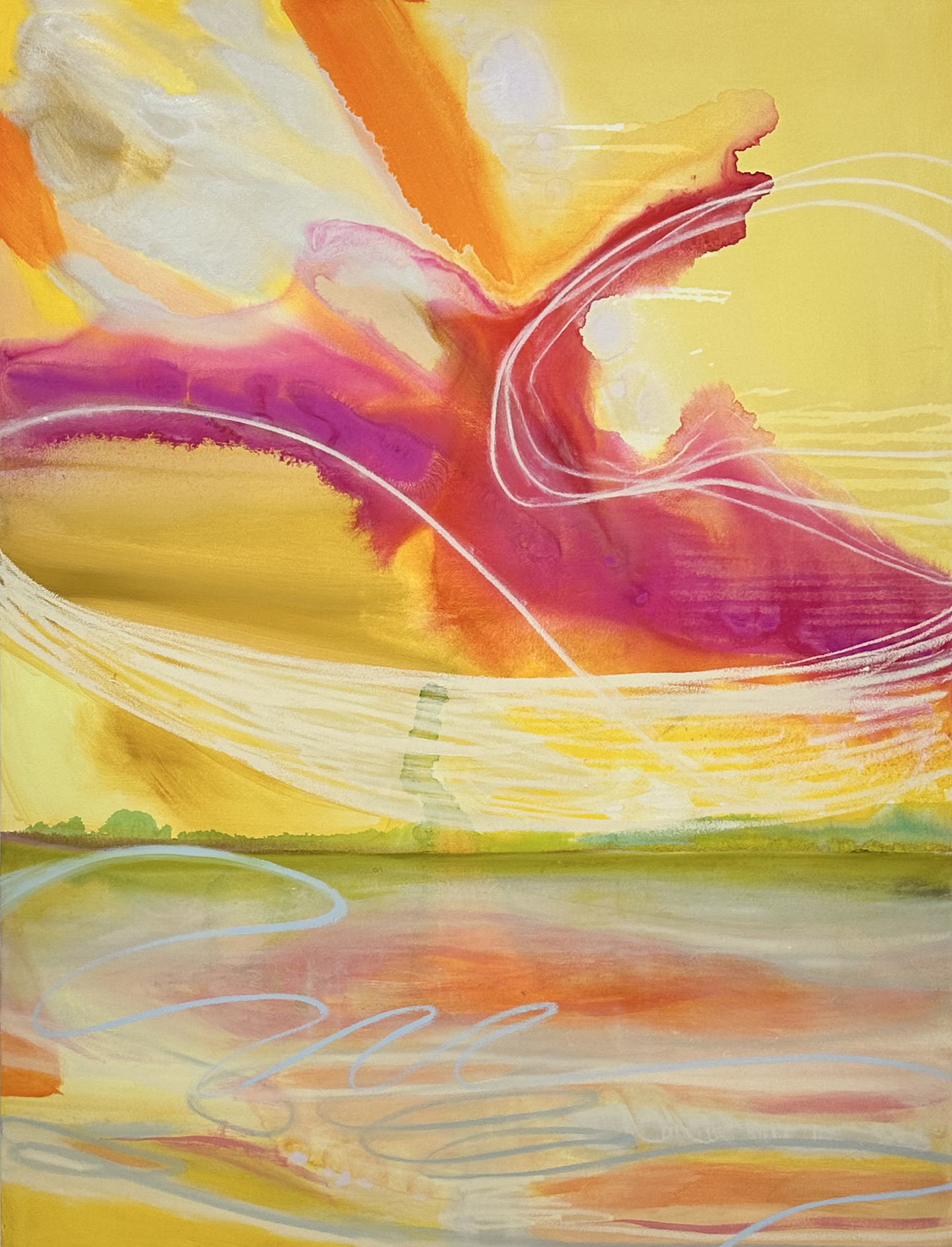 Painting of bright shades in pink and yellow.
