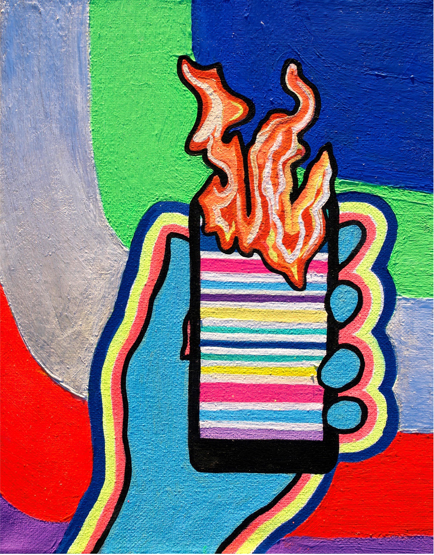 Acrylic on Canvas painting showing abstract hand holding a cell phone that is ablaze in the foreground against a bright pop colored background